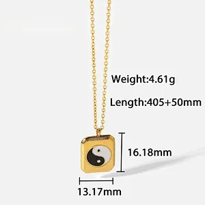 Enamel Chinese Tai Chi Square Pendant Steel Necklace