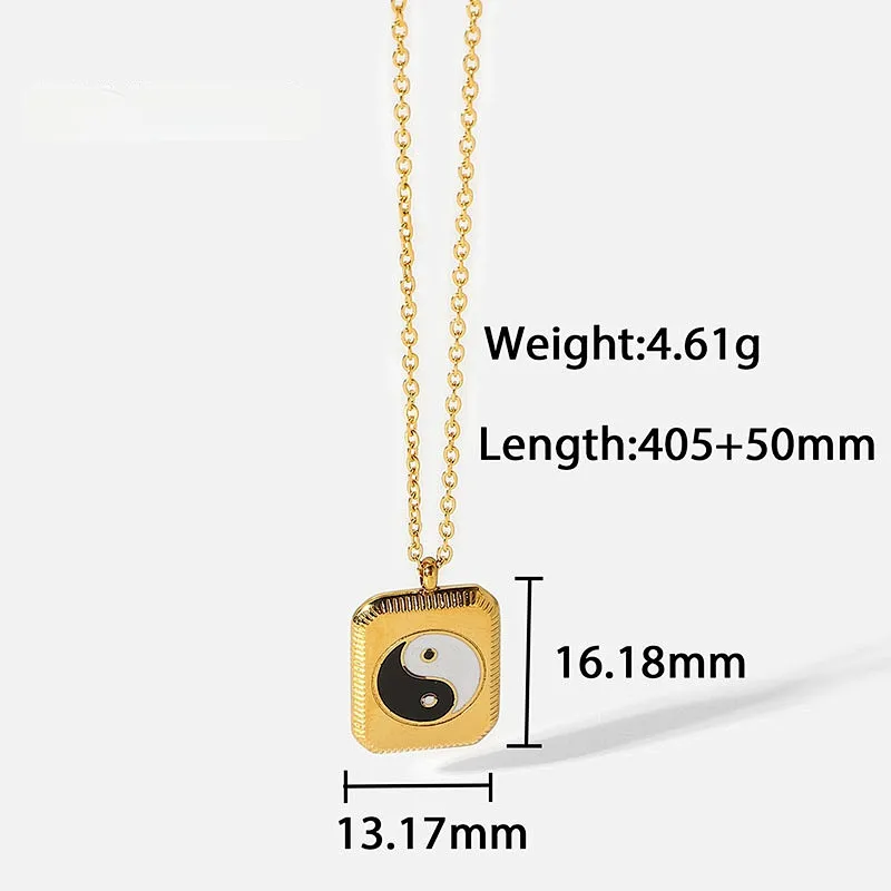 Enamel Chinese Tai Chi Square Pendant Steel Necklace