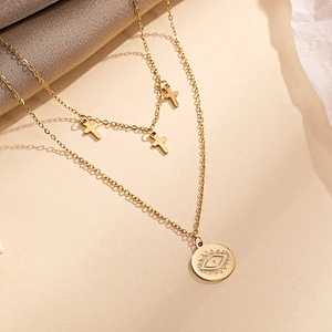 Eyes And Cross Layered Gold Color Stainless Steel Necklace