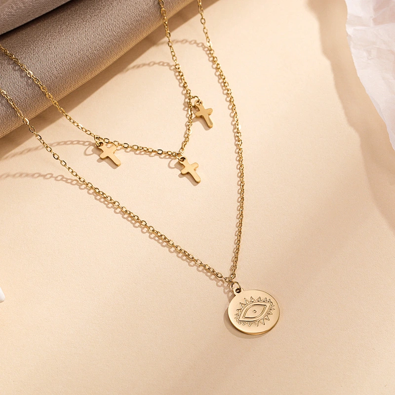Eyes And Cross Layered Gold Color Stainless Steel Necklace