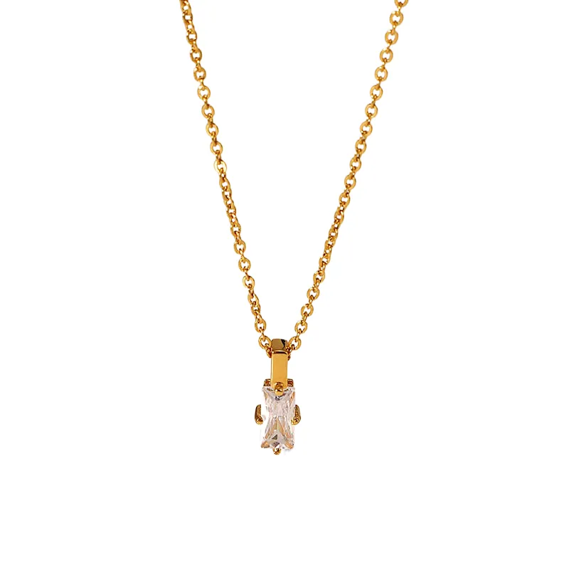 Stainless Steel Rectangular White Zircon Pendant Necklace