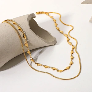 Layered Heart Chain And Flat Snake Chain Steel Necklace
