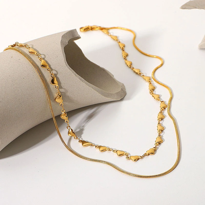 Layered Heart Chain And Flat Snake Chain Steel Necklace
