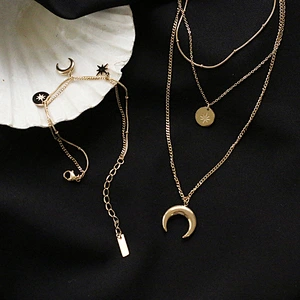 Moon Eight Awn Star Three Layer Crescent Bracelet Necklace Set