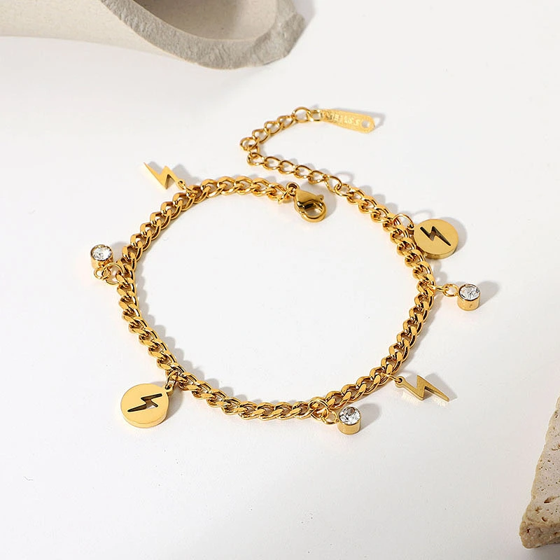 Pvd Gold Plating Lightning Pendant Steel Curb Chain Bracelet