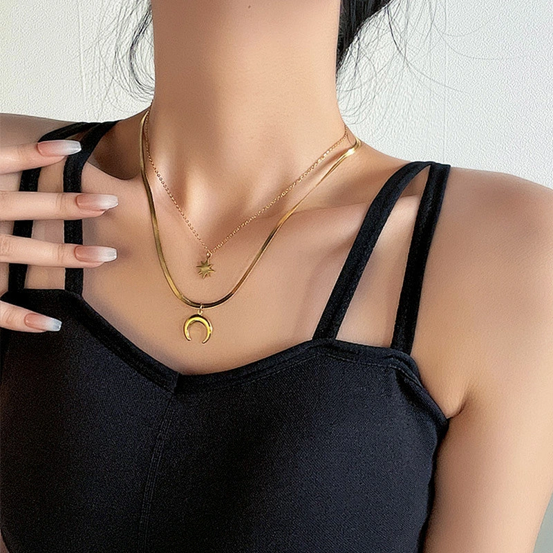 Moon Eight Awn Star Charm Layered Flat Snake Chain Necklace