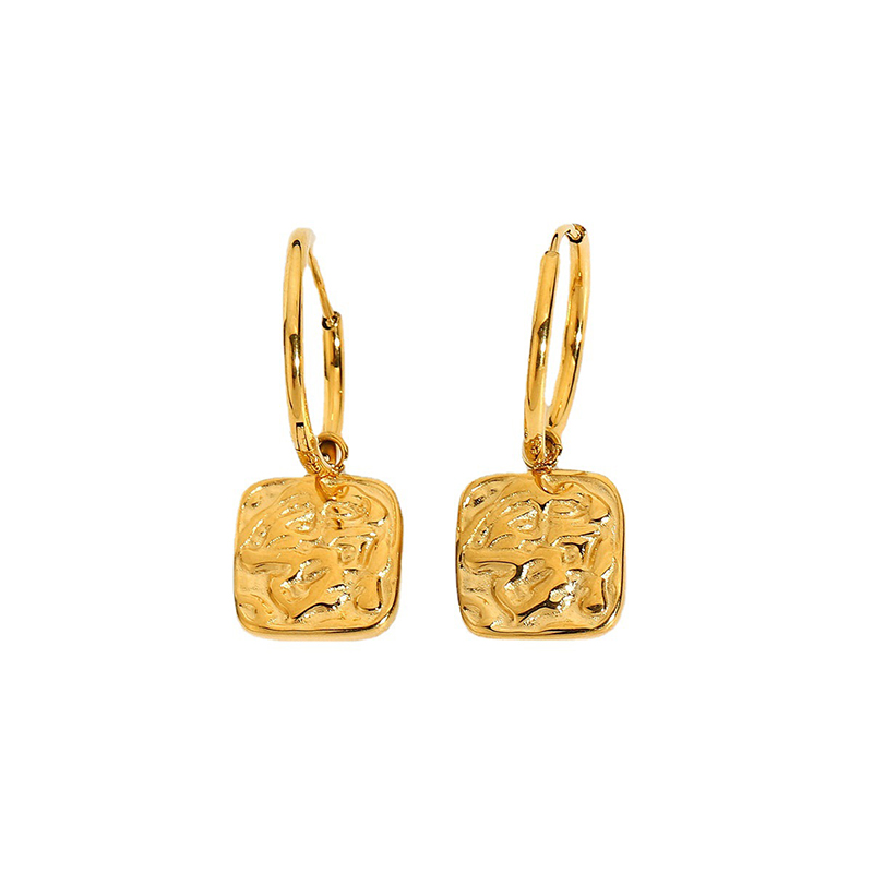 18K Gold Plated Earrings Rectangular Embossed Drop Earrings