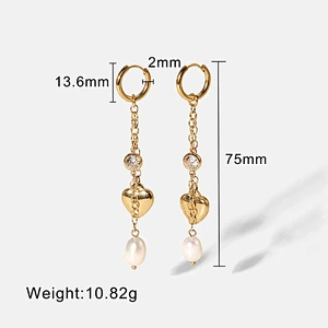 Gold Tassel Heart Freshwater Pearl Zircon Drop Earrings