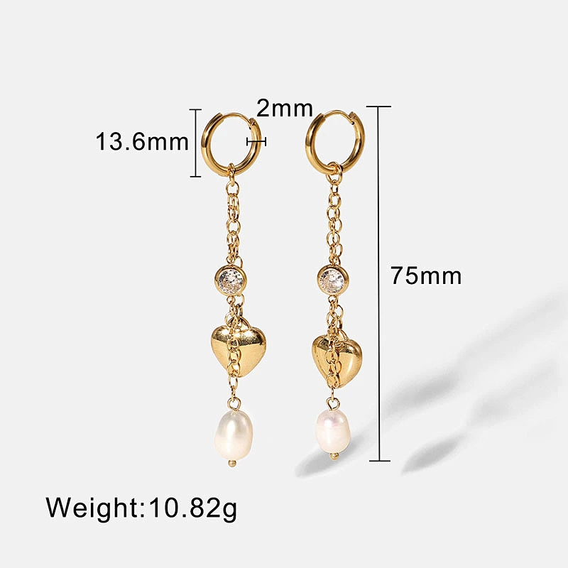 Gold Tassel Heart Freshwater Pearl Zircon Drop Earrings