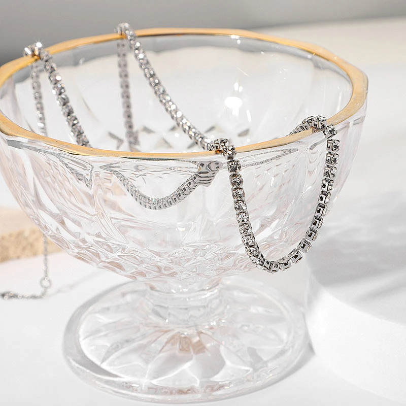 Rhodium Plated Zircon Steel Chain Necklace For Ladies