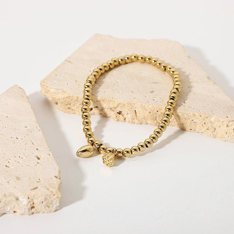 Small Lotus Pendant Bead Bracelet Stainless Steel