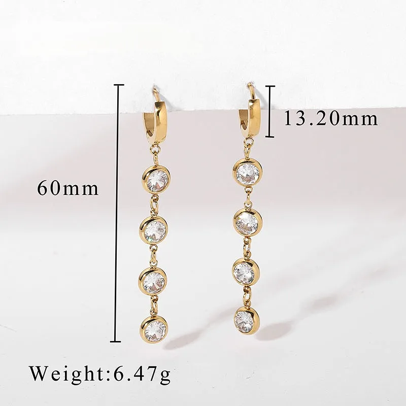 Gold Plated Steel Round Zircon Tassel Pendant Earrings