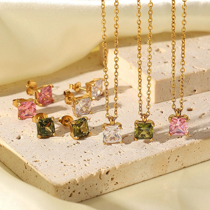 Simple 18K Green Square Zircon Stud Earrings for Women
