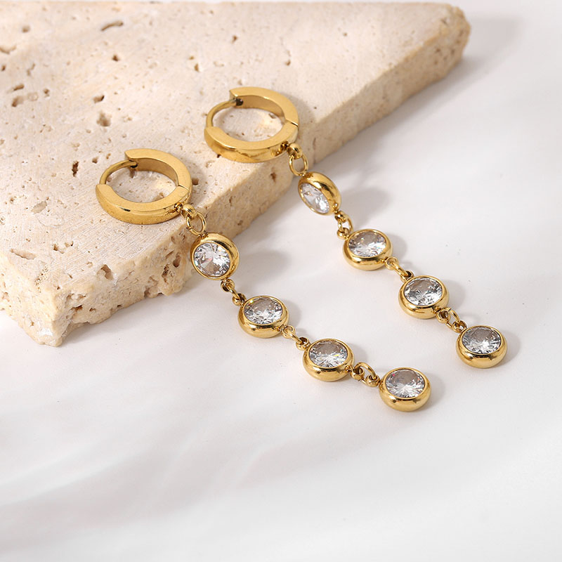 Gold Plated Steel Round Zircon Tassel Pendant Earrings