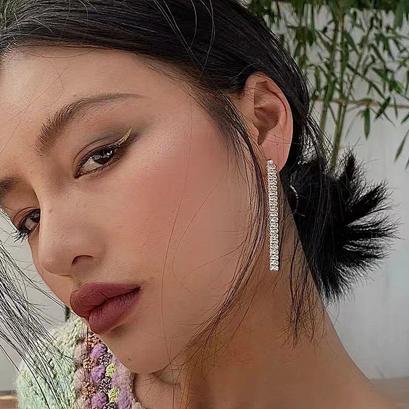 New Steel Gold Long Zirconia Drop Tassel Earrings