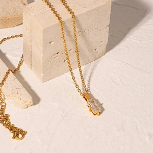 Stainless Steel Rectangular White Zircon Pendant Necklace