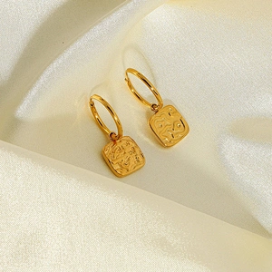 18K Gold Plated Earrings Rectangular Embossed Drop Earrings