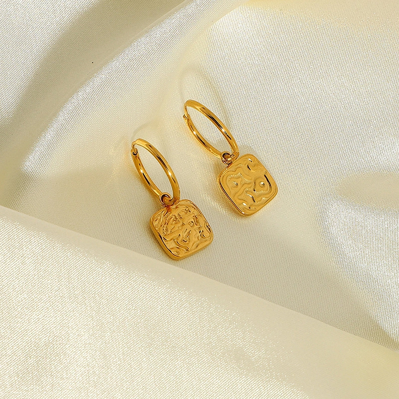 18K Gold Plated Earrings Rectangular Embossed Drop Earrings