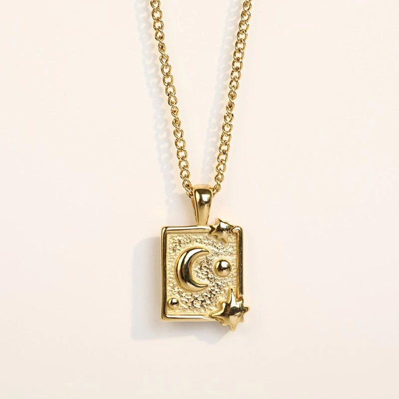 3D Moon Star Rectangle Stainless Steel Pendant Necklace