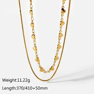 Layered Heart Chain And Flat Snake Chain Steel Necklace