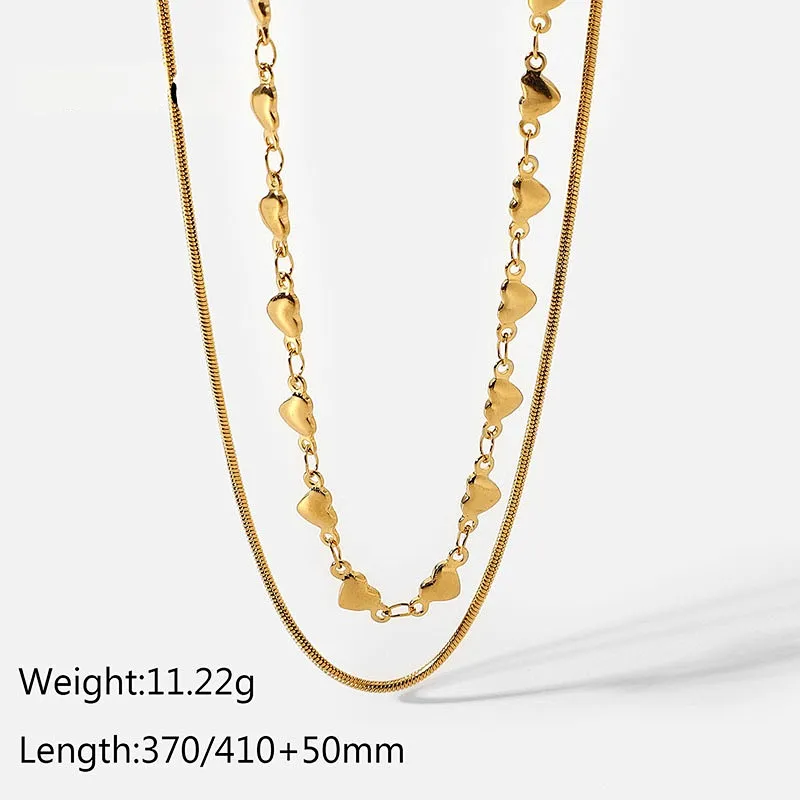 Layered Heart Chain And Flat Snake Chain Steel Necklace