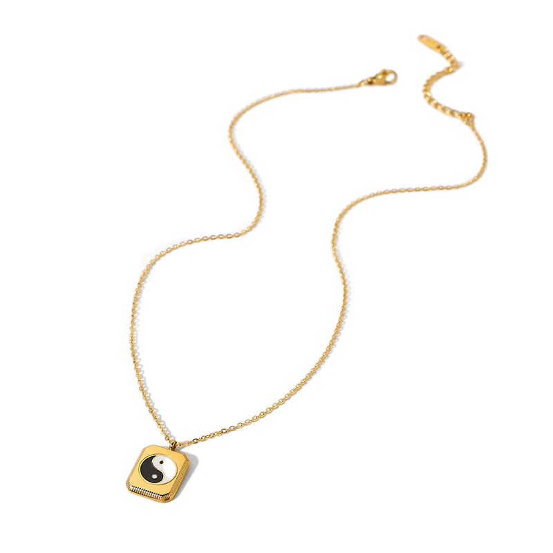 Enamel Chinese Tai Chi Square Pendant Steel Necklace
