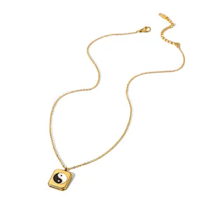 Enamel Chinese Tai Chi Square Pendant Steel Necklace