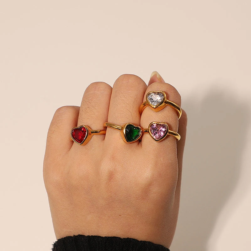 Heart Shaped Colored Zircon Ring For Women Stainless Steel