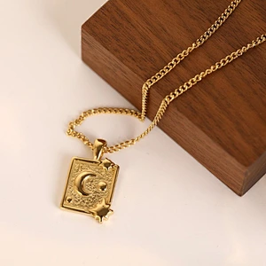 3D Moon Star Rectangle Stainless Steel Pendant Necklace