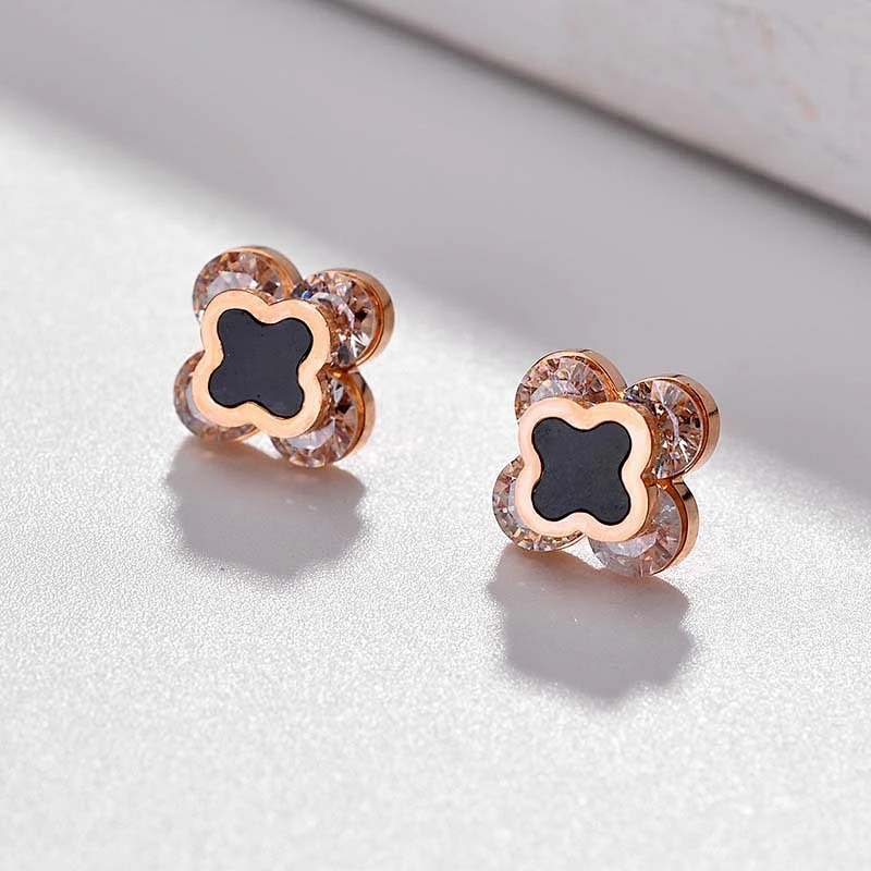 Rose Gold Four-Leaf Clover Stainless Steel Stud Earrings
