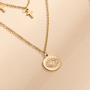 Eyes And Cross Layered Gold Color Stainless Steel Necklace