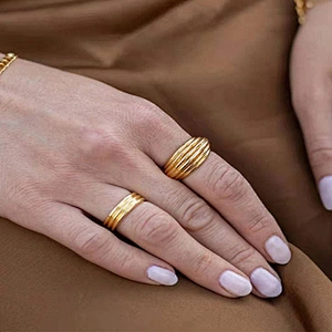 18K Gold Plated Ring Stainless Steel Threaded Textured Ring