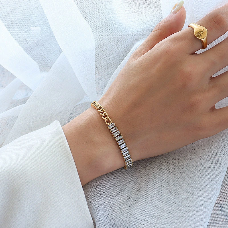 Simple Cubic Zirconia Chain Bracelet Of Stainless Steel