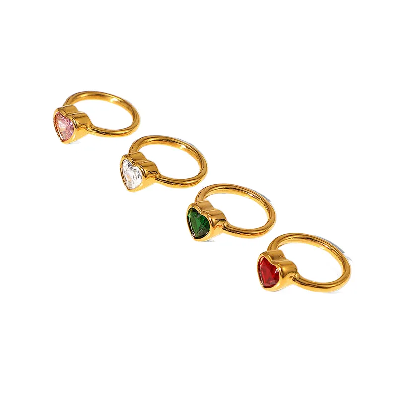 Heart Shaped Colored Zircon Ring For Women Stainless Steel