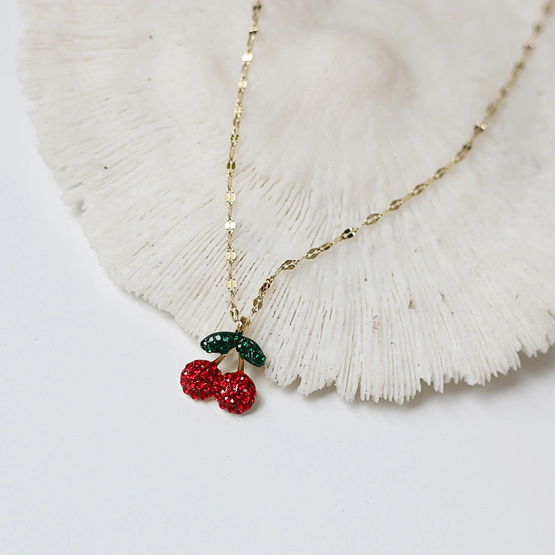 Stainless Steel Crystal Cherry Earrings And Necklace Set