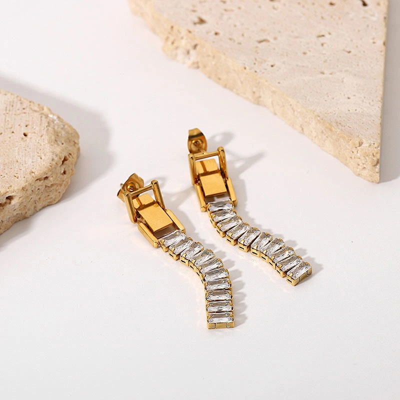 18K Gold Plated Steel Zirconia Chain Post Earrings