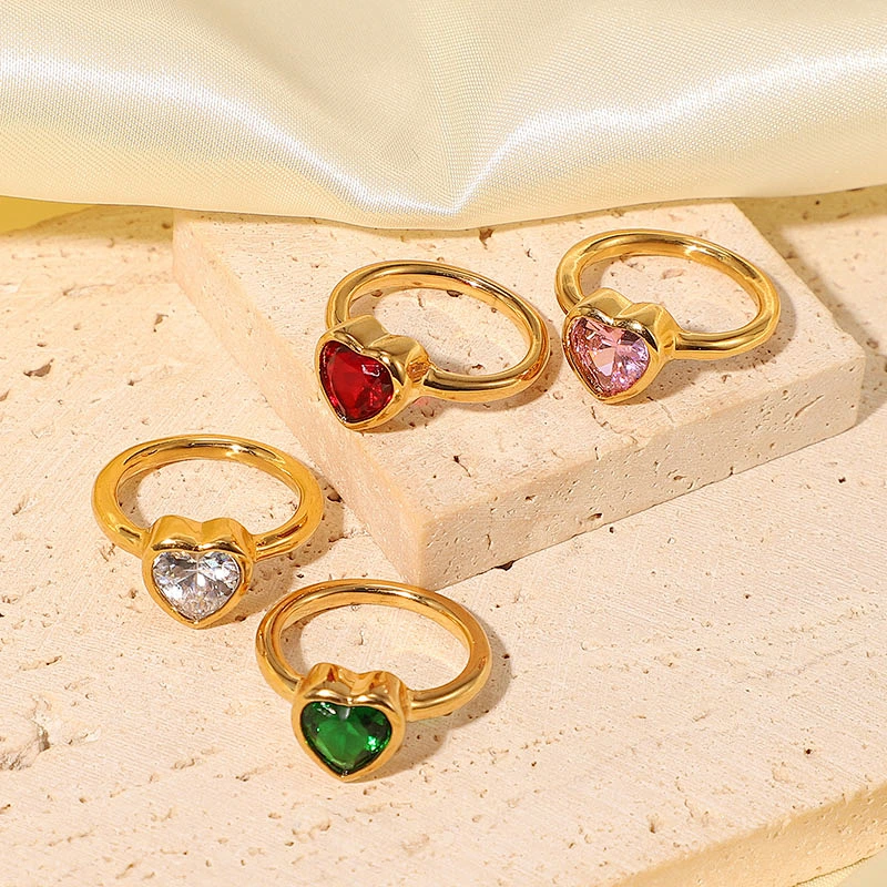 Heart Shaped Colored Zircon Ring For Women Stainless Steel