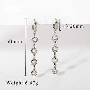 Gold Plated Steel Round Zircon Tassel Pendant Earrings