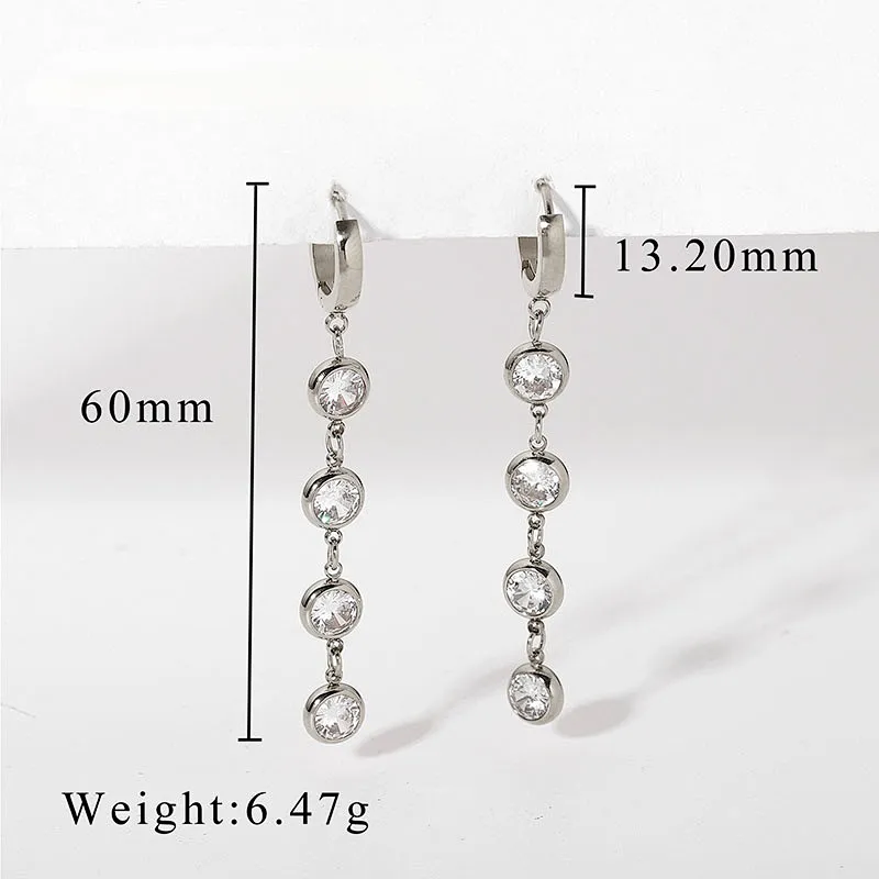 Gold Plated Steel Round Zircon Tassel Pendant Earrings