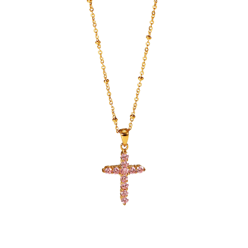 Popular Steel Pink Zircon Cross Pendant Necklace Women