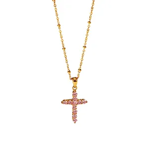 Popular Steel Pink Zircon Cross Pendant Necklace Women