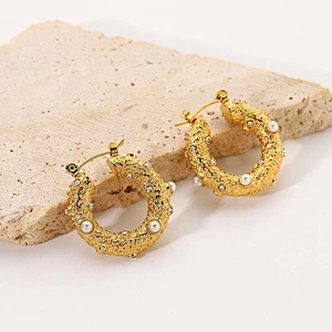Gold Plated Earrings Pearl Zircon Stainless Steel Earrings