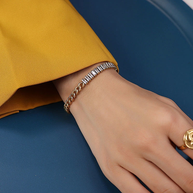 Simple Cubic Zirconia Chain Bracelet Of Stainless Steel
