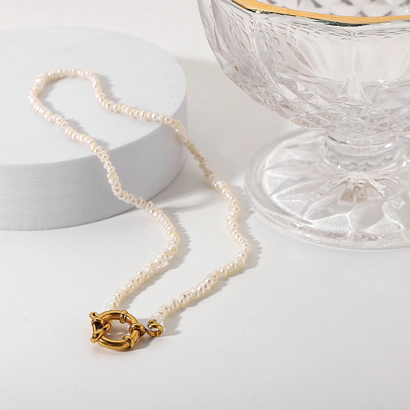 Special Lock Pendant Fresh Water Pearl 18K Gold Steel Necklace