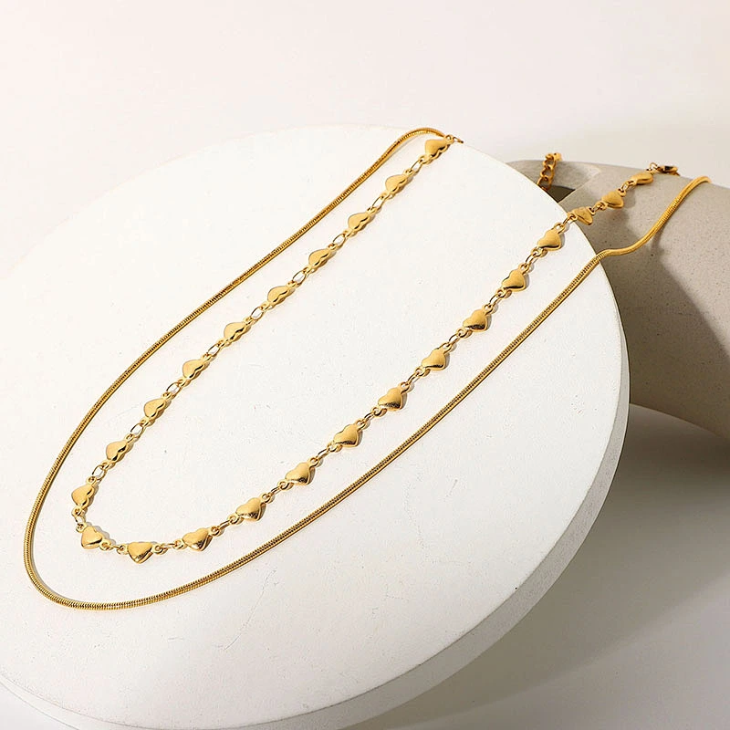 Layered Heart Chain And Flat Snake Chain Steel Necklace