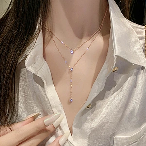 Rose Gold Plated Layered Crystal Drop Necklace