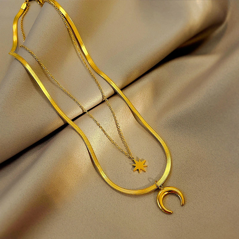 Moon Eight Awn Star Charm Layered Flat Snake Chain Necklace