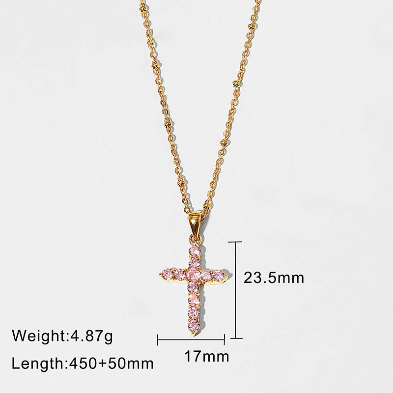 Popular Steel Pink Zircon Cross Pendant Necklace Women