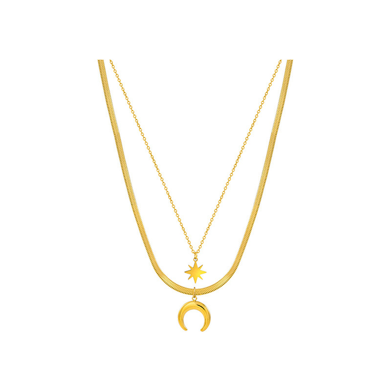 Moon Eight Awn Star Charm Layered Flat Snake Chain Necklace