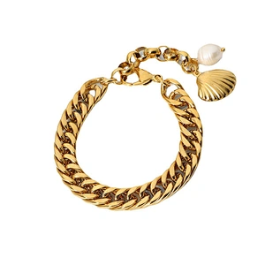 Gold Plated Steel Charm Bracelet Freshwater Pearl Bracelet